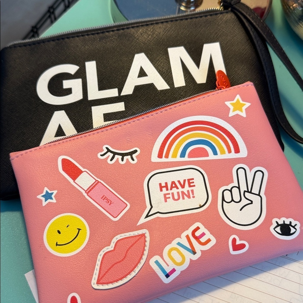 Black 'GLAM AF' Clutch with Pink Sticker Pouch Ipsy cosmetic wristlet pouches - Picture 6 of 6